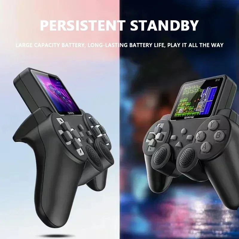 Black gaming controller with screen on a blurred background, highlighting battery life feature.
