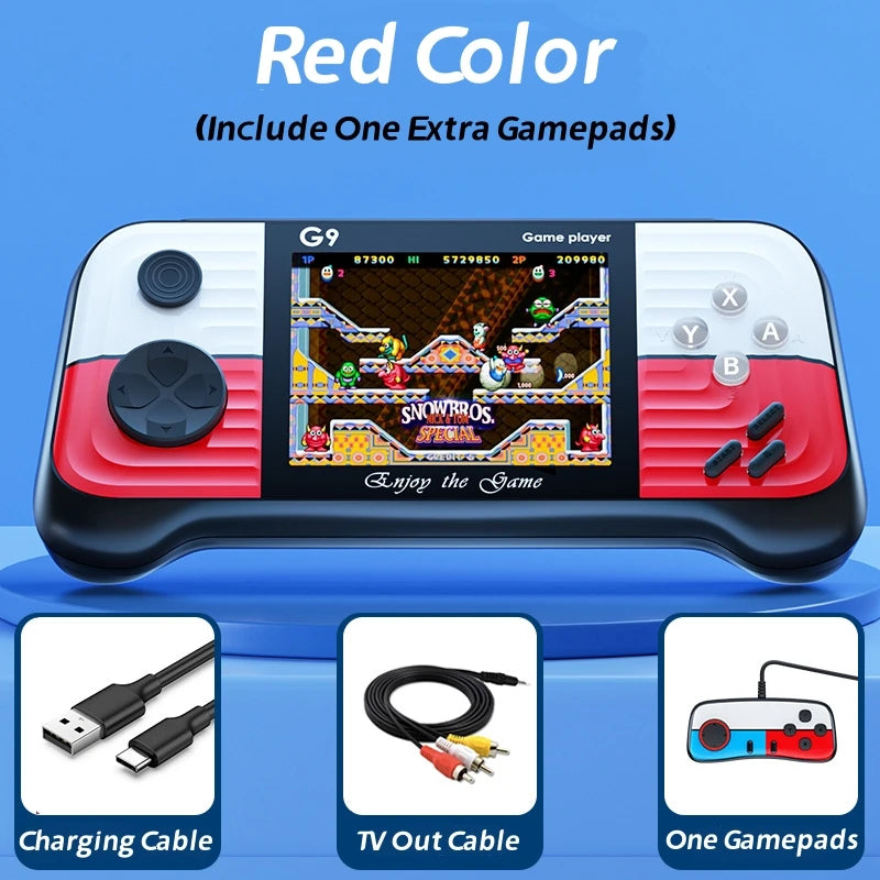 Handheld game console with screen displaying a game, charging cable, TV out cable, and an extra gamepad on a blue background.