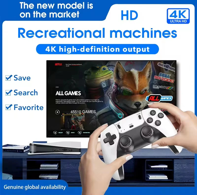 Person holding a gaming controller in front of a screen displaying a game interface with text about recreational machines and 4K output.