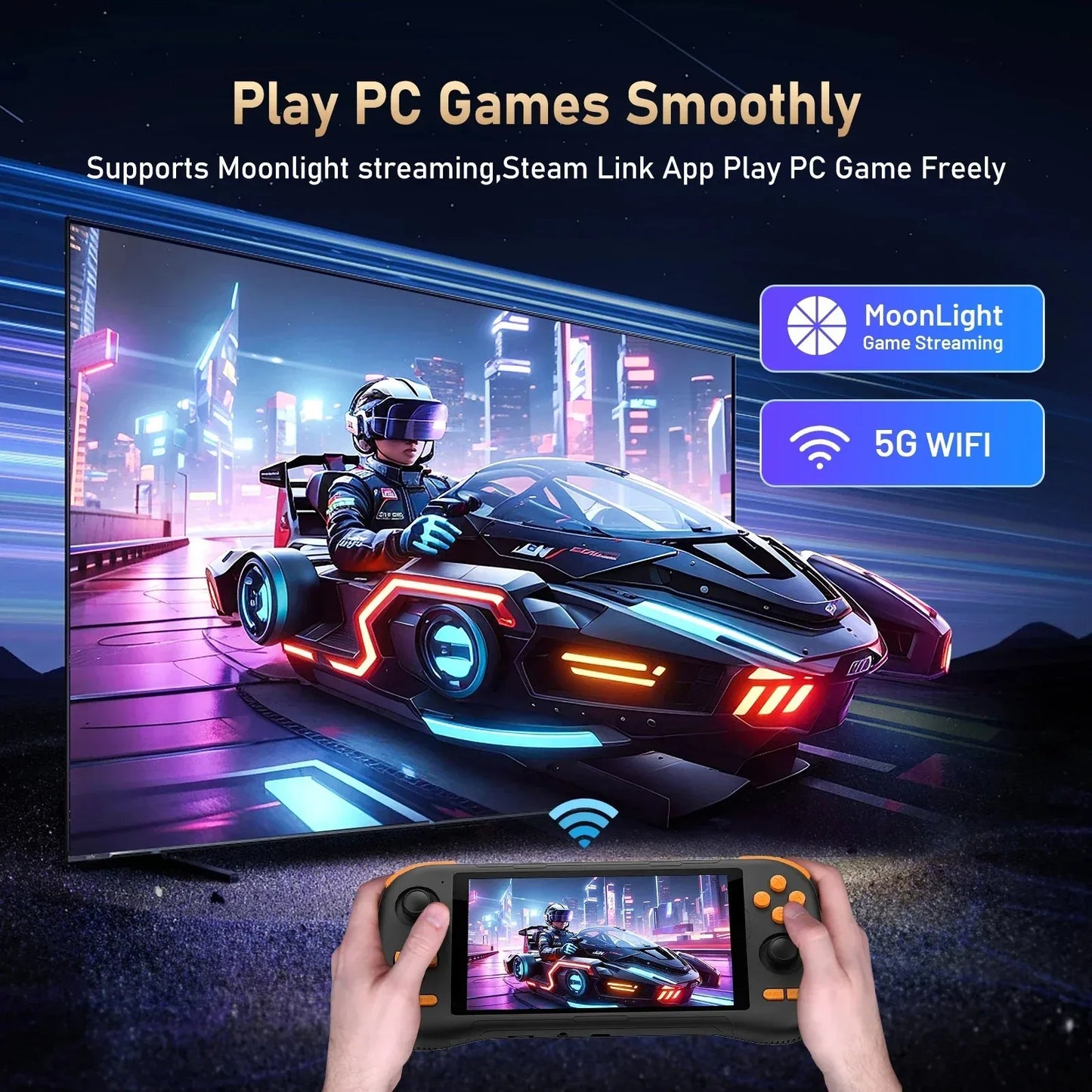 Gaming setup with a TV displaying a futuristic car game and a handheld gaming console.