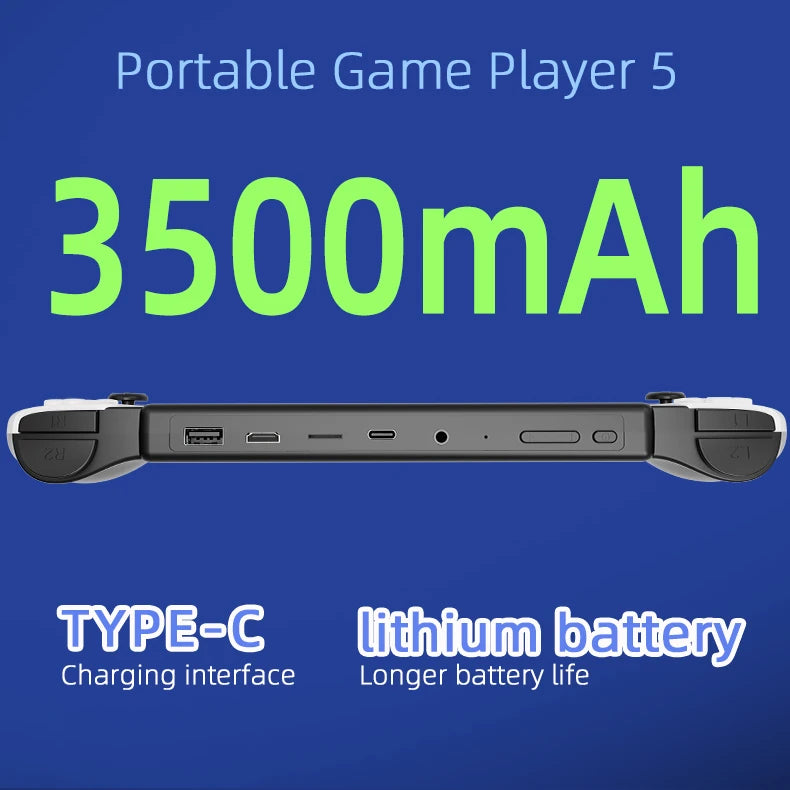 Portable game player with 3500mAh battery capacity on a blue background