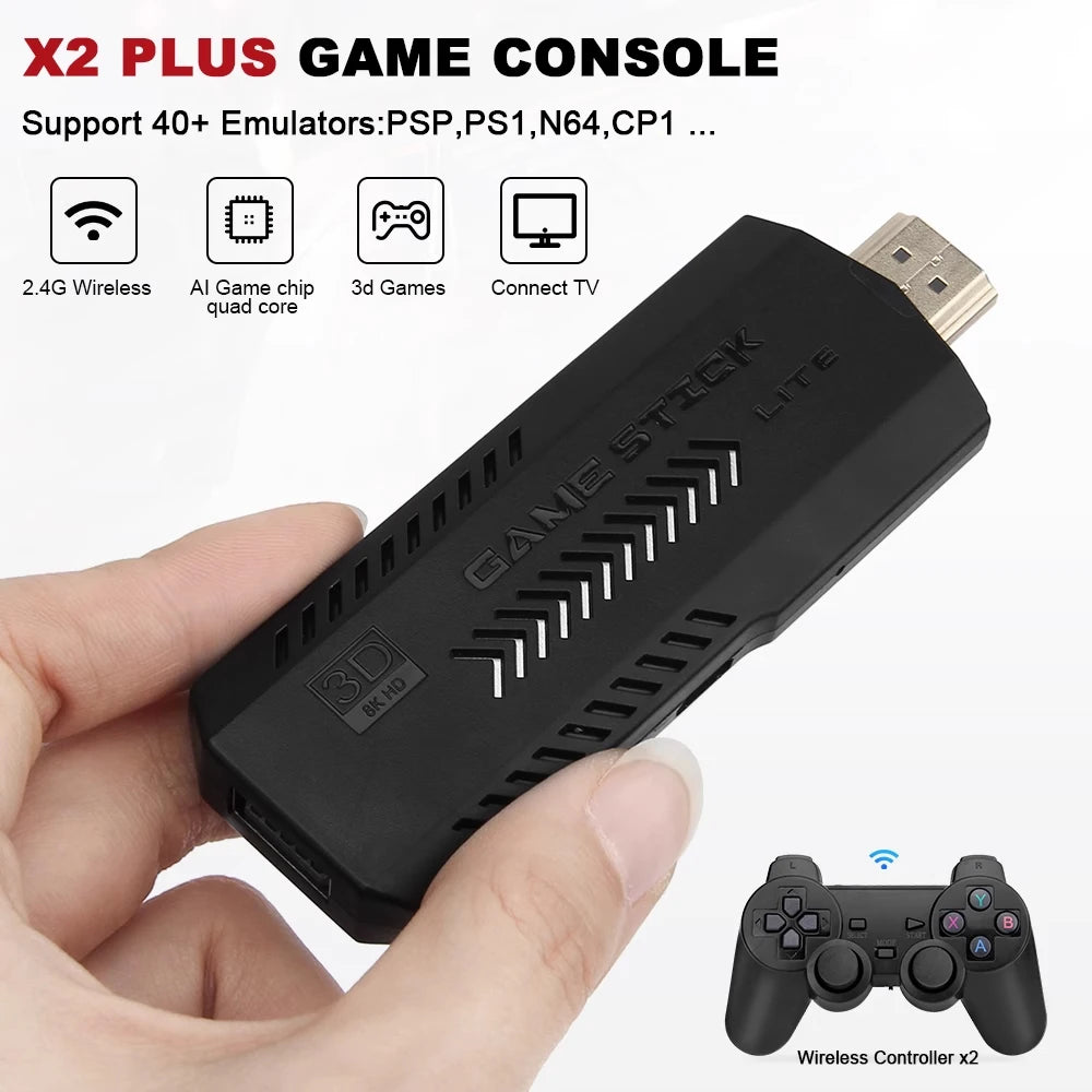 Game console with controller held by a hand, featuring text and icons on a white background.