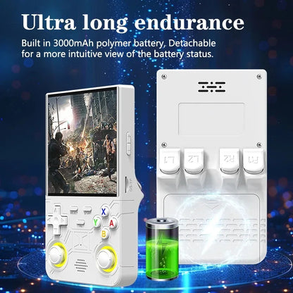 Handheld gaming console with battery pack and 3000mAh battery indicator on a dark background