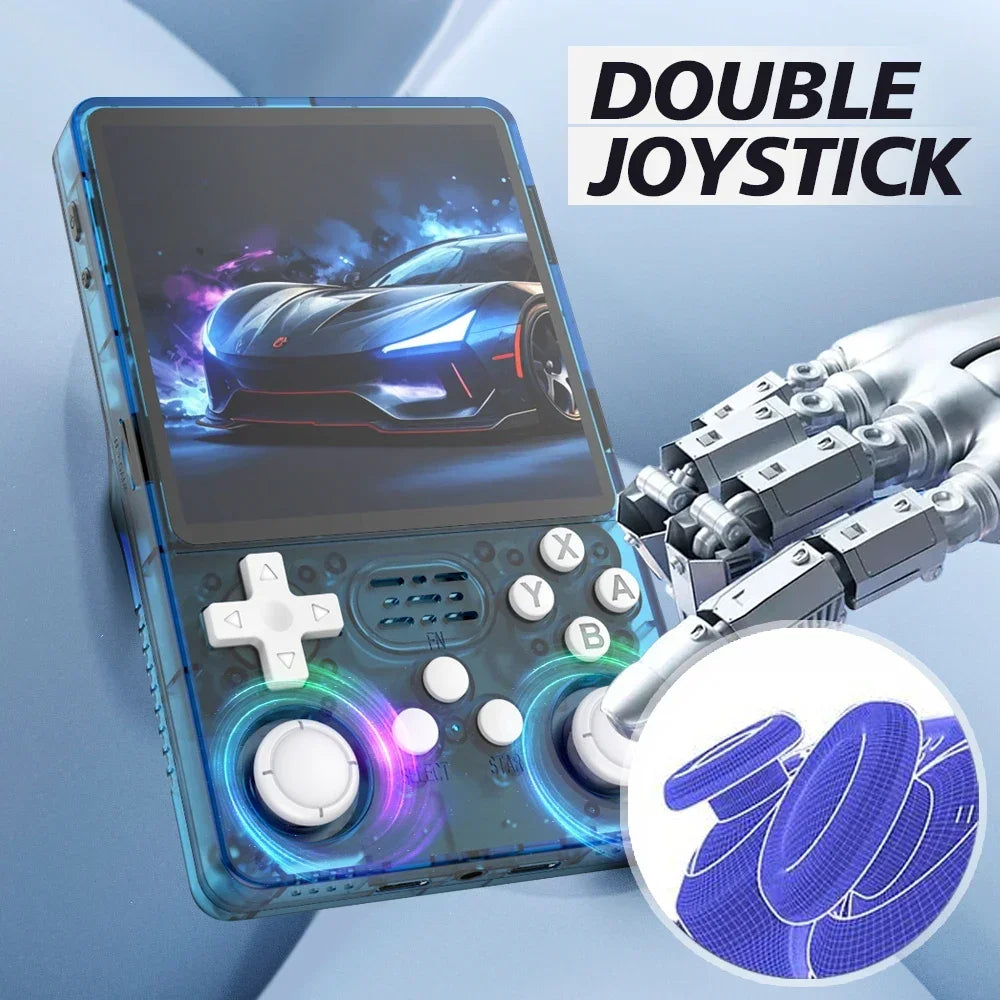 Handheld gaming console with double joystick and robot hand on a light blue background