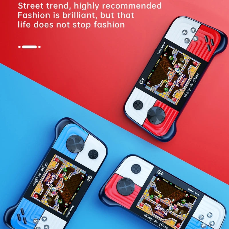 Three retro-style gaming devices on a red and blue background with text about street trends and fashion.