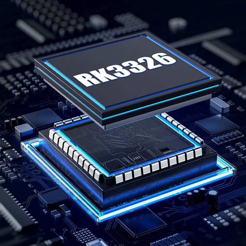RK3326 chip on a circuit board with blue lighting effects