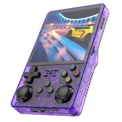 Handheld gaming console with purple casing displaying a racing game on screen.