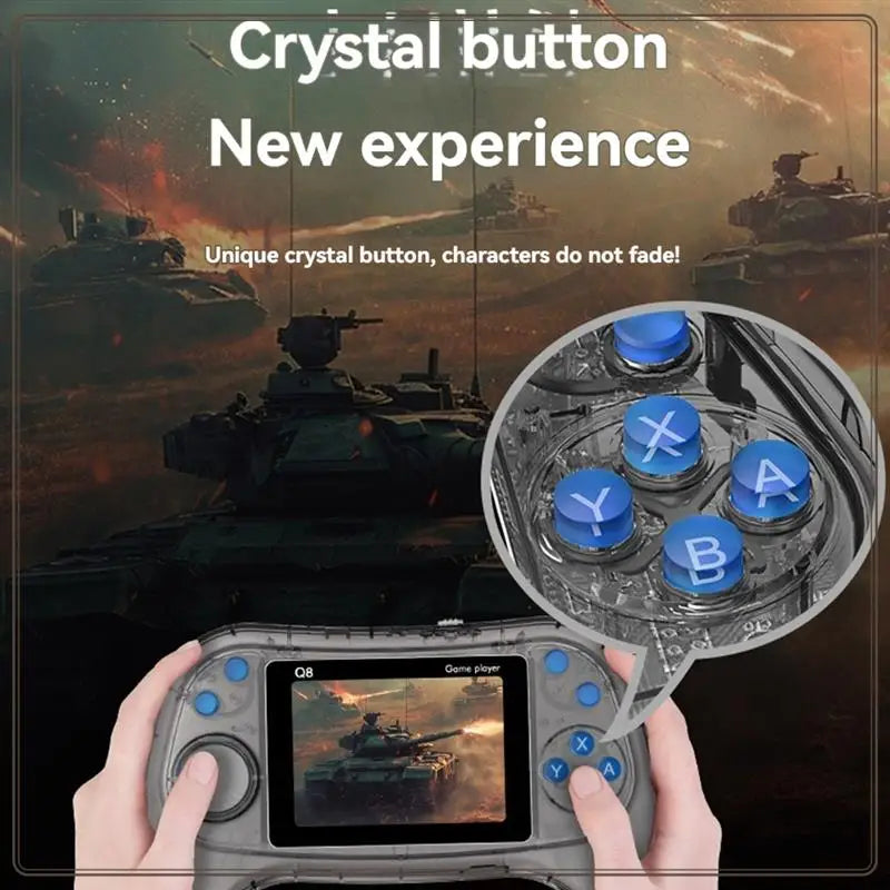 Game controller with blue buttons and tank-themed background