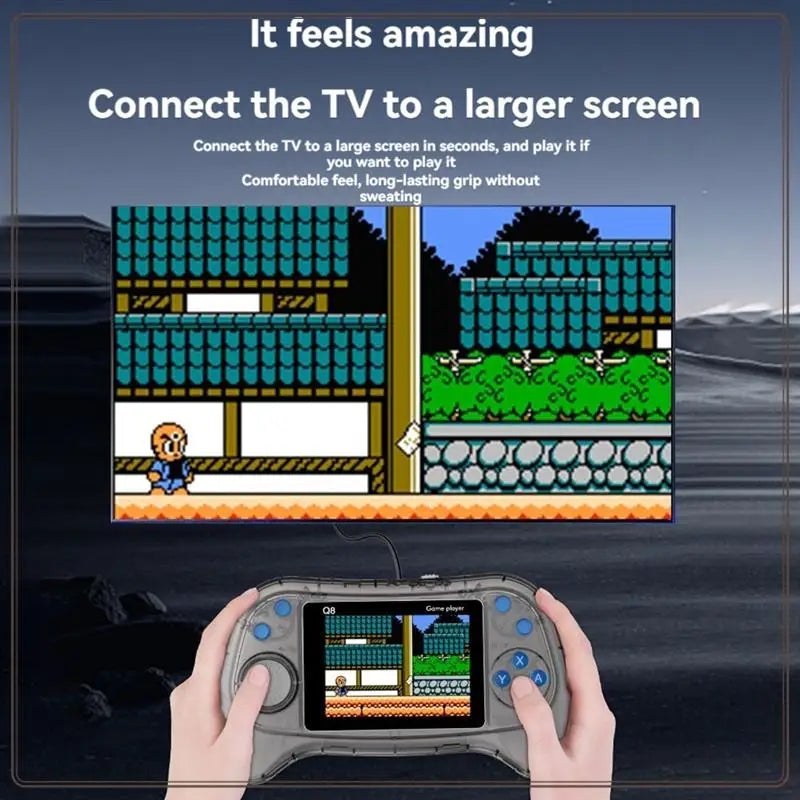 Handheld gaming console with screen displaying a game, connected to a larger screen with text about screen connection.