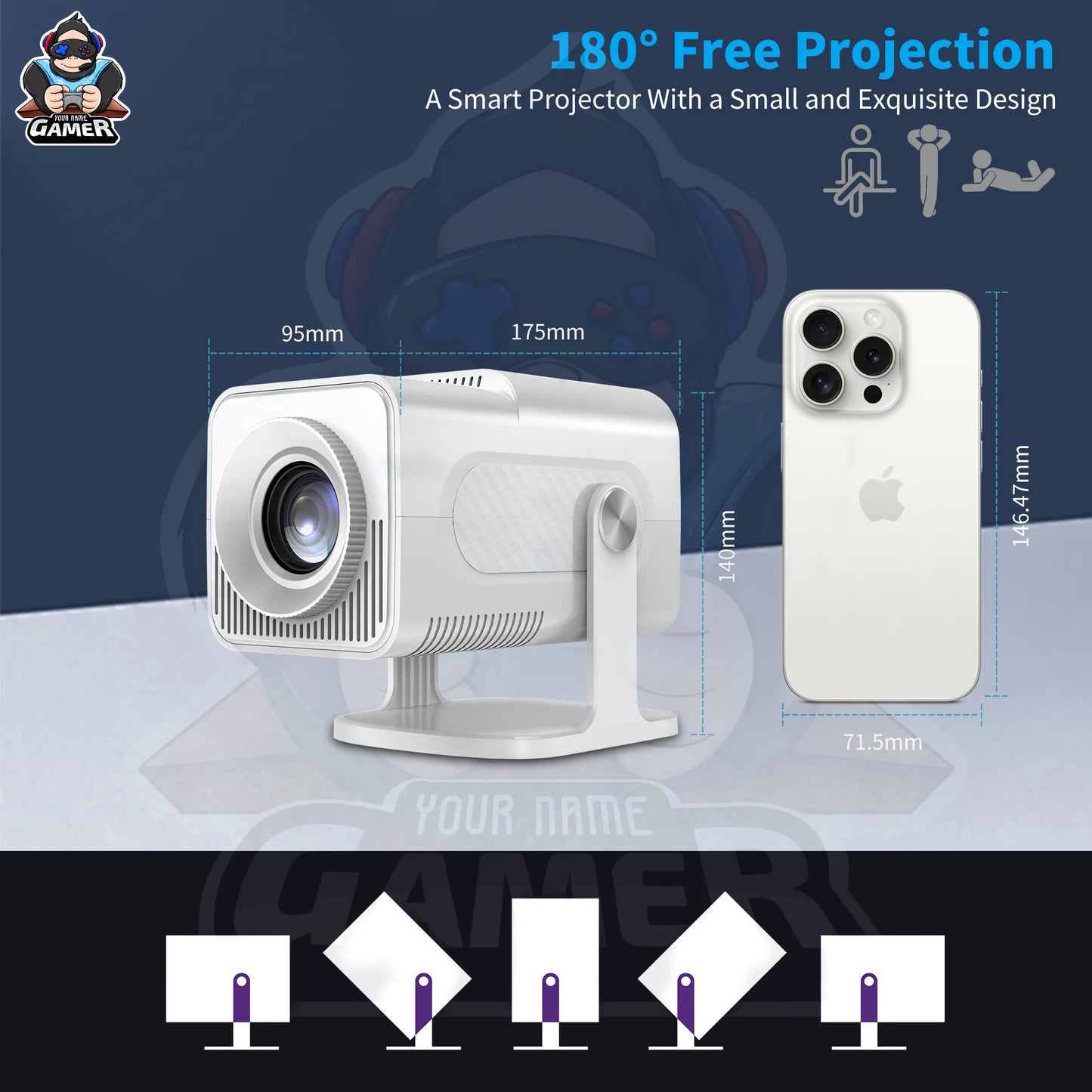 Smart projector with dimensions compared to a smartphone on a dark background