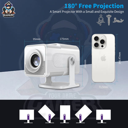 Smart projector with dimensions compared to a smartphone on a dark background