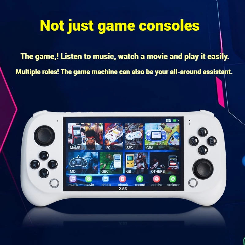 White handheld gaming console with screen displaying various applications on a dark background.