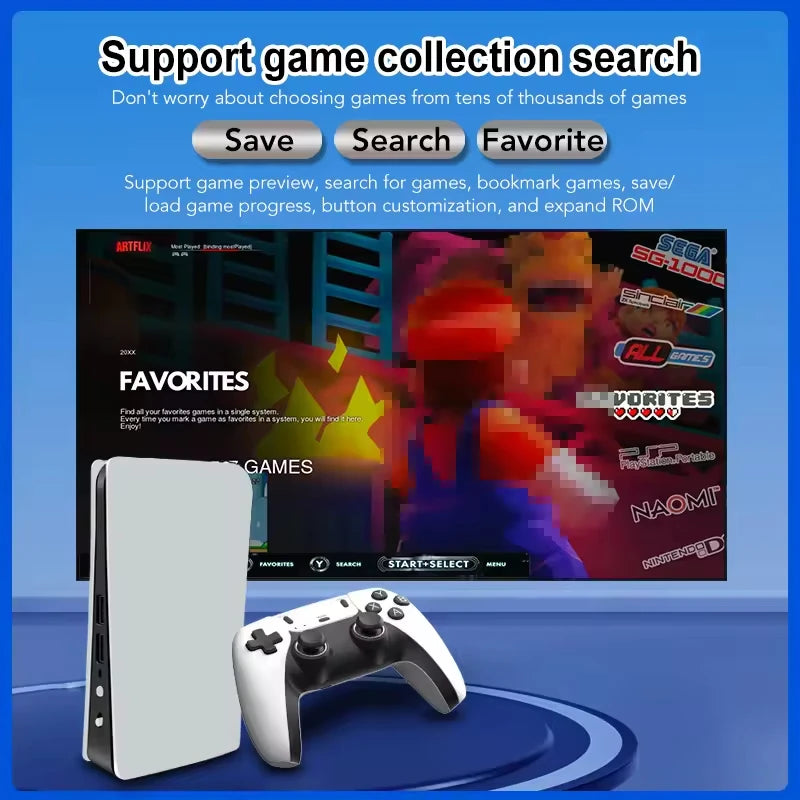 Gaming console with controller on a blue background, displaying game selection interface.