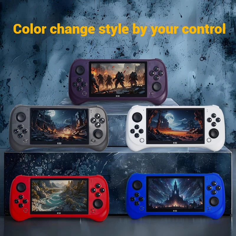 Five handheld gaming consoles with different colored controllers on a dark background.
