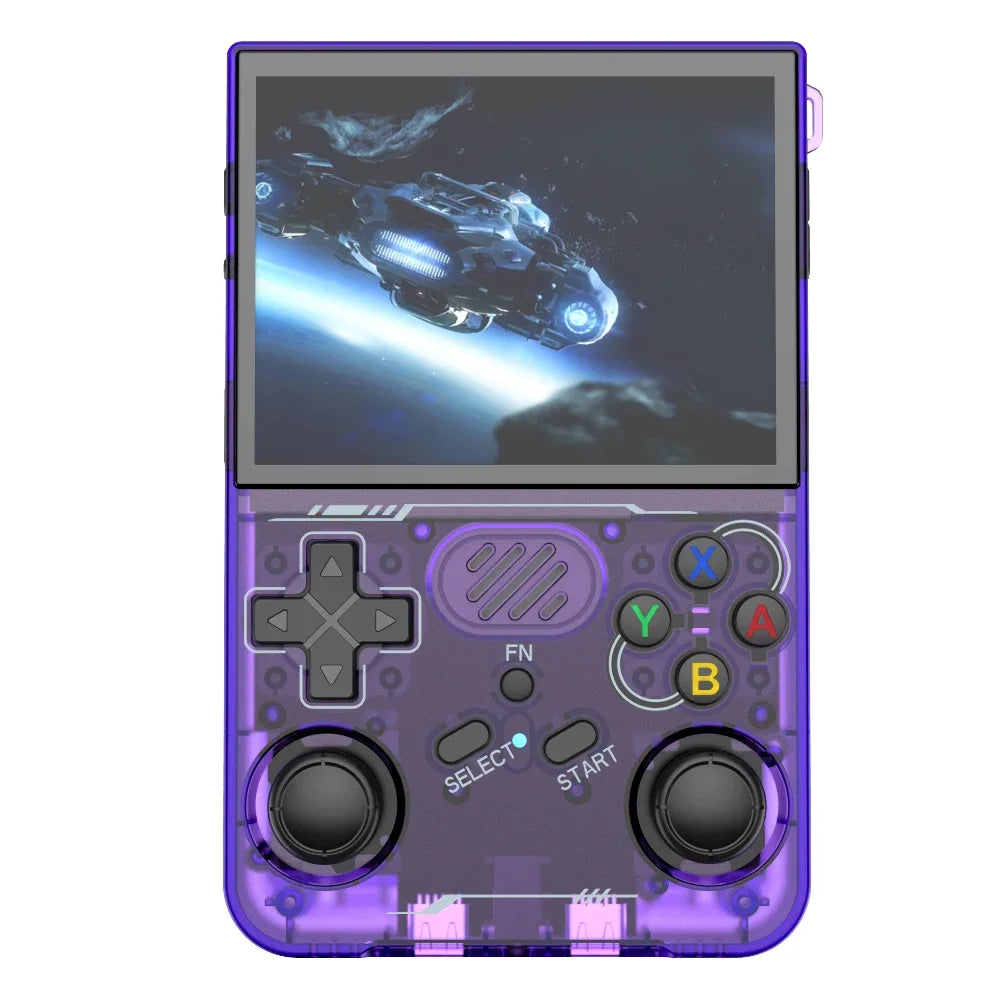 Handheld gaming console with purple casing and screen displaying a space-themed game.