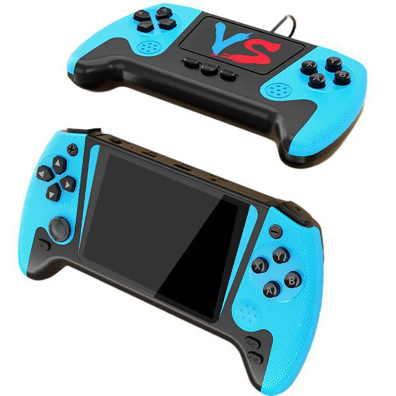 Pair of blue and black handheld gaming controllers with 'VS' display on a white background