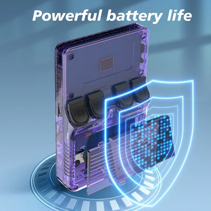Purple electronic device with cooling system and 'Powerful battery life' text on a blue background