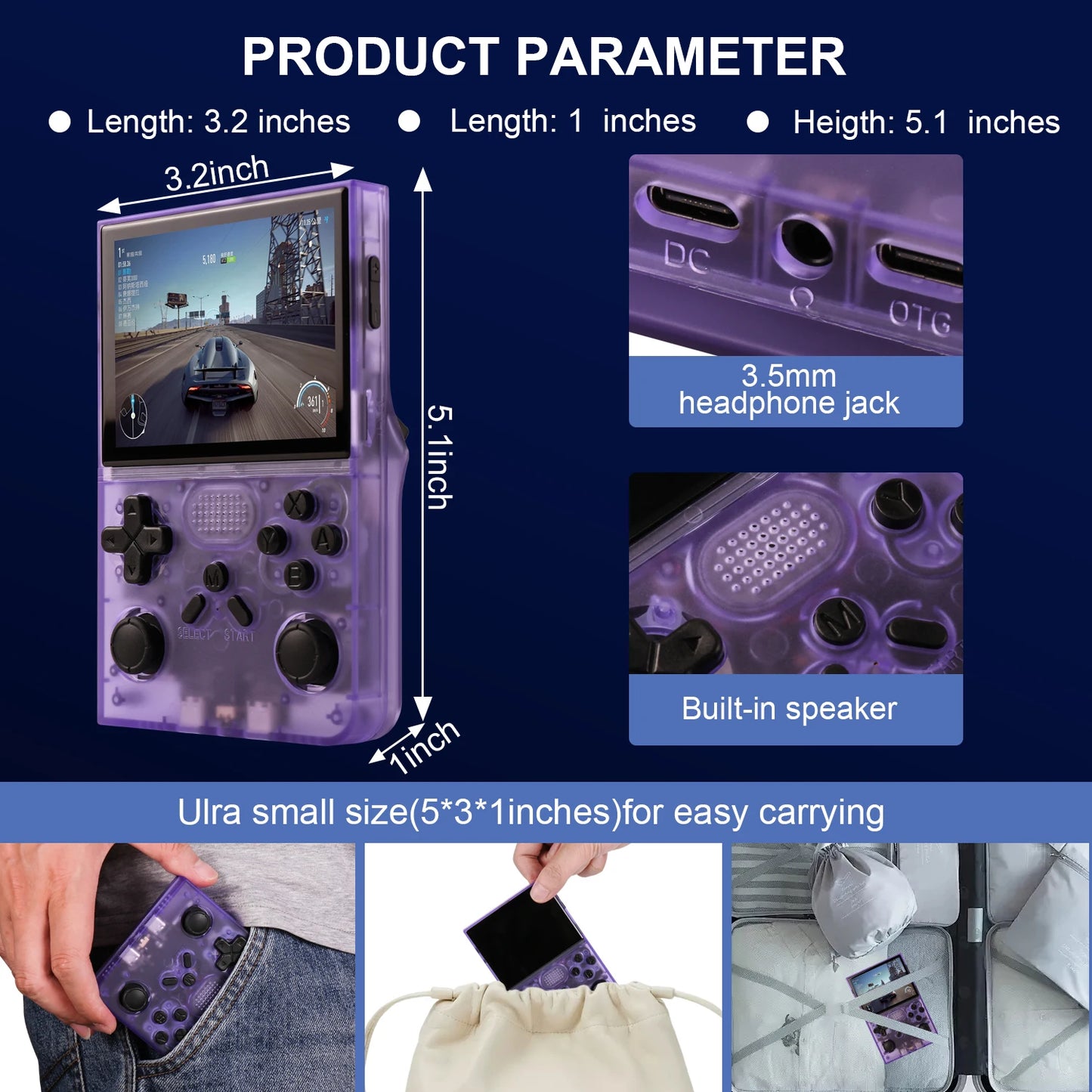 Handheld gaming console with specifications and usage scenarios on a blue background