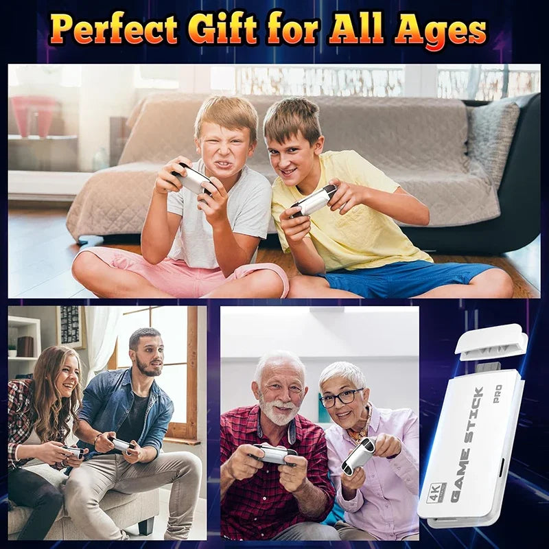 Collage of people playing video games with text 'Perfect Gift for All Ages' and a gaming console stick.
