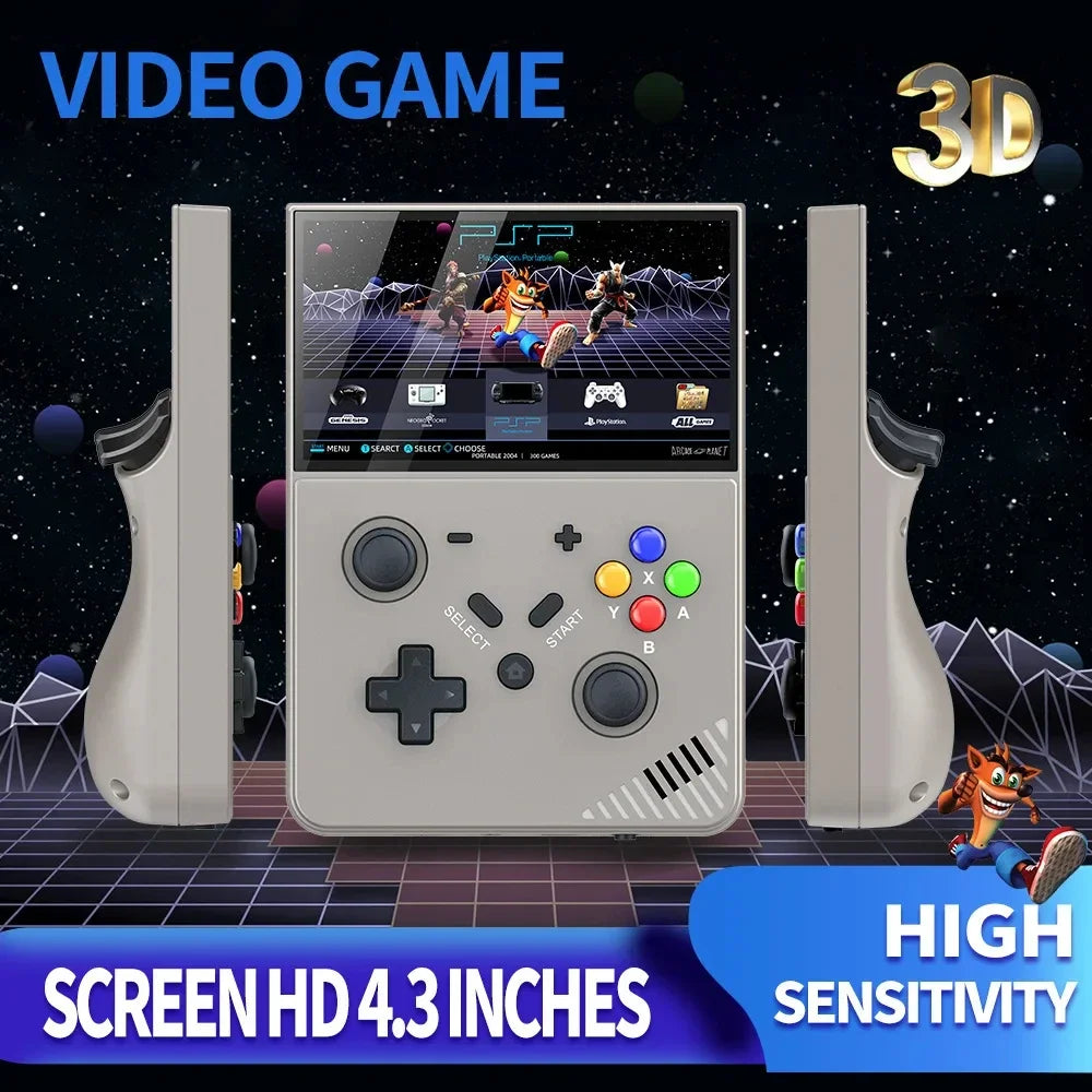 Handheld video game console with screen displaying a game, against a space-themed background.