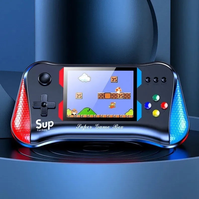 Handheld game console with colorful buttons and screen displaying a classic game on a blue background