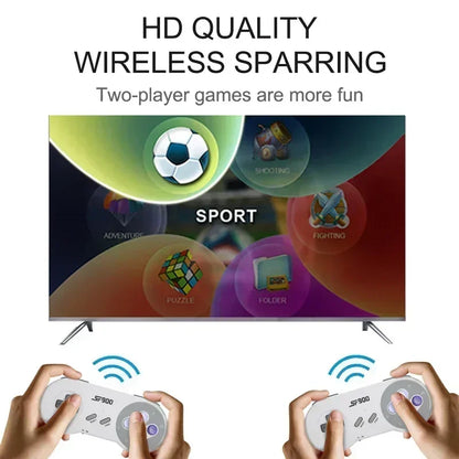 Two hands holding wireless gaming controllers in front of a TV screen displaying game icons.