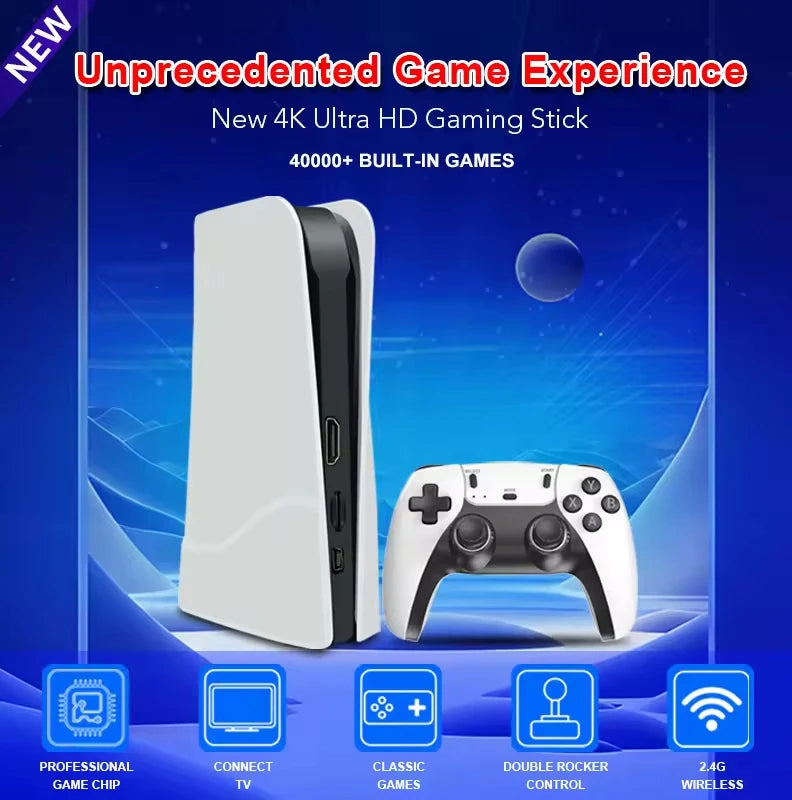 Gaming console and controller with promotional text on a blue background