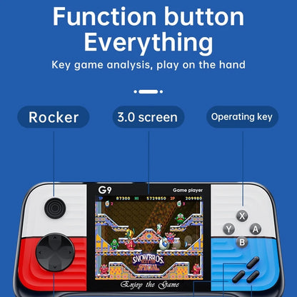 Handheld game console with features highlighted on a blue background