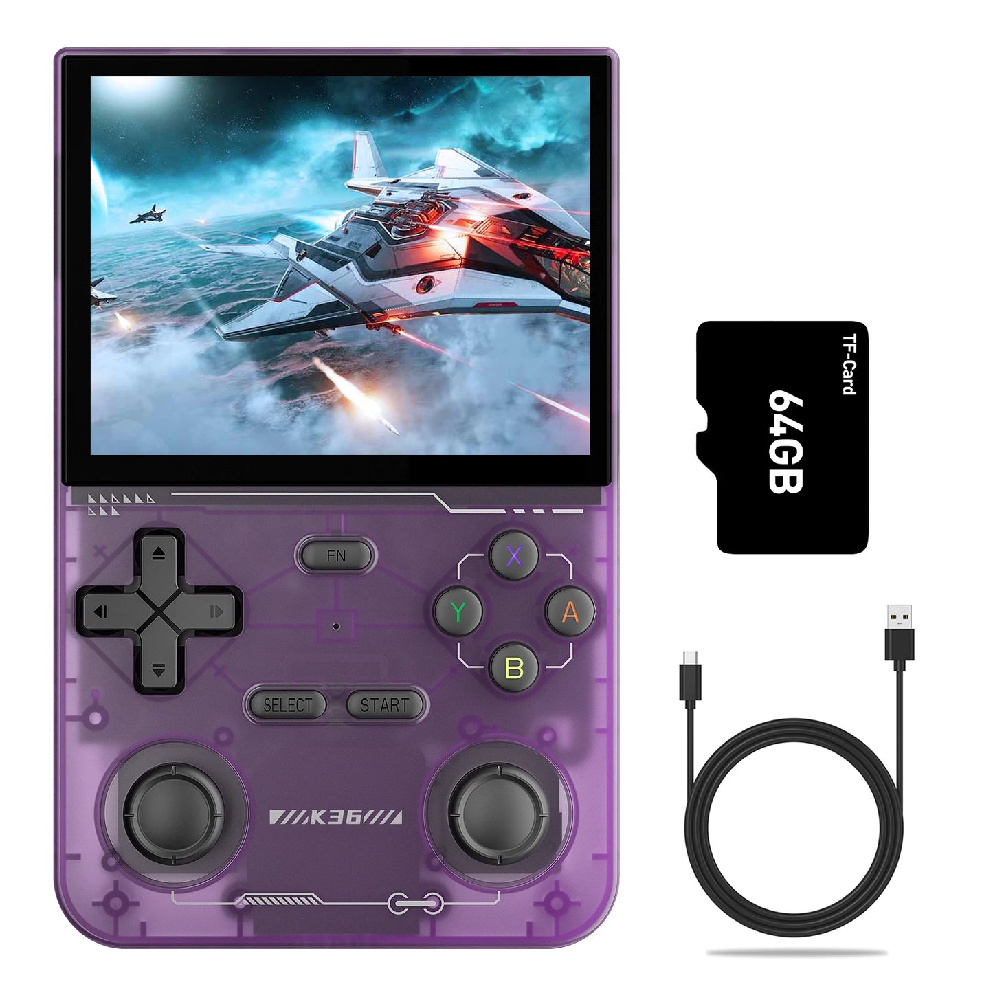 Purple handheld gaming console with screen displaying a game, 64GB microSD card, and USB cable on a white background.