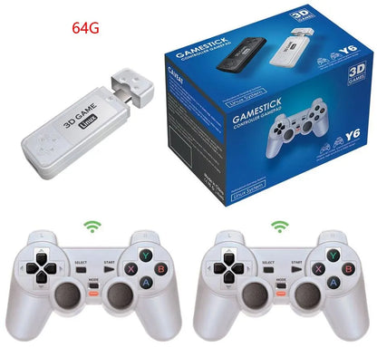 Gamestick console with controllers and packaging on a white background