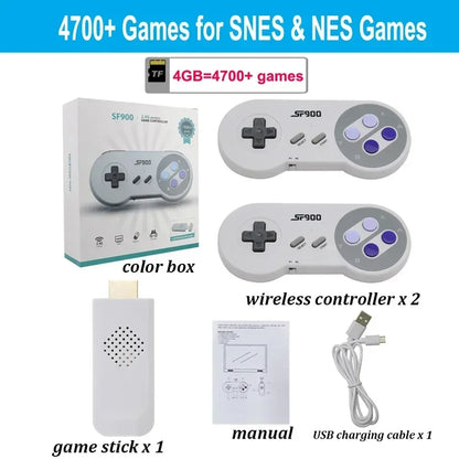 Collection of SNES/NES gaming accessories including controllers, game stick, and charging cable on a white background.