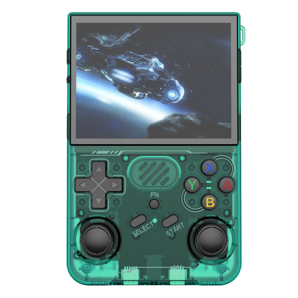 Handheld gaming console with transparent teal casing displaying a space-themed game on screen.