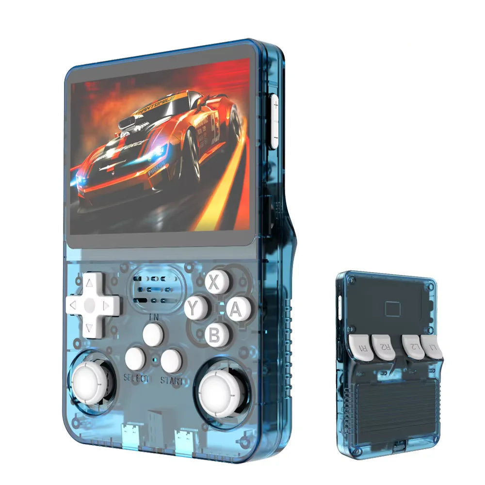 Handheld gaming console with transparent blue casing displaying a racing game, labeled 'Lake Blue'.