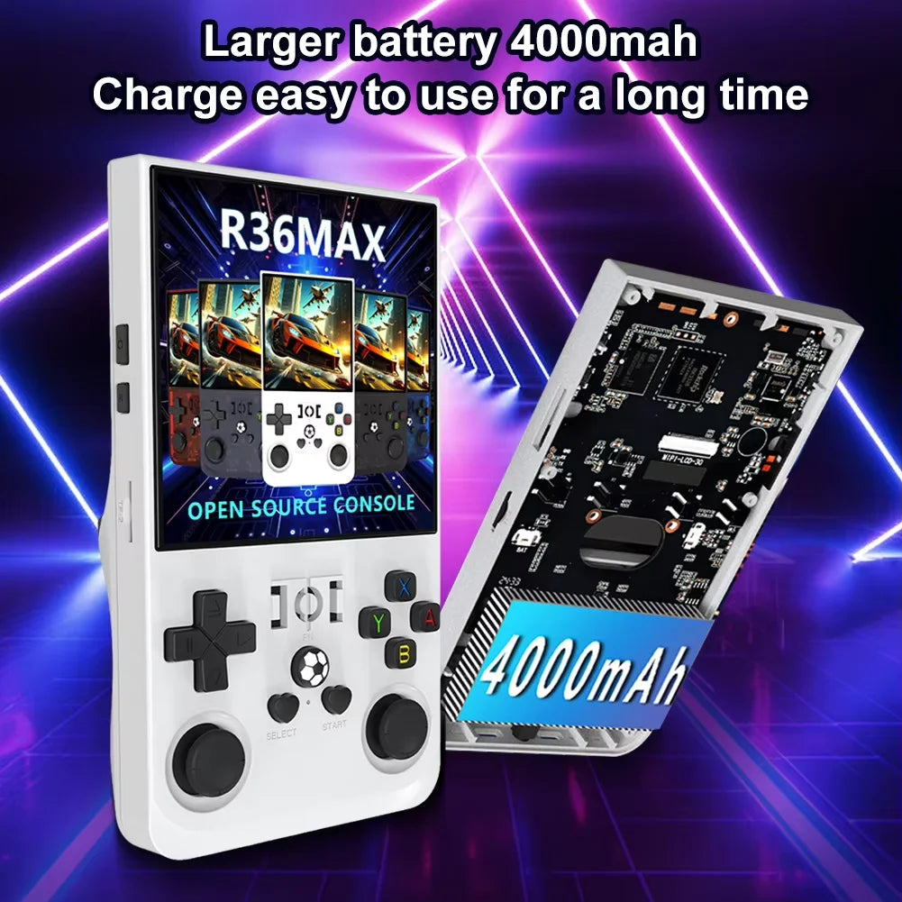 Handheld game console with 4000mAh battery and open-source console features on a vibrant background.