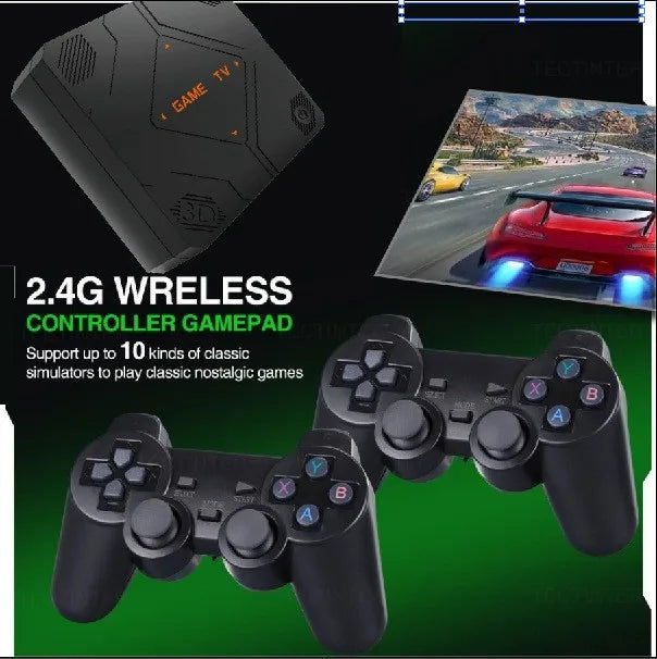 2.4G wireless controller gamepad with gaming console and screen displaying a racing game.