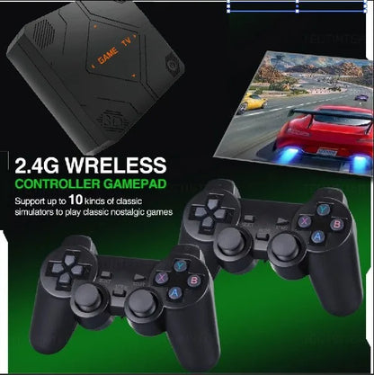 2.4G wireless controller gamepad with gaming console and screen displaying a racing game.