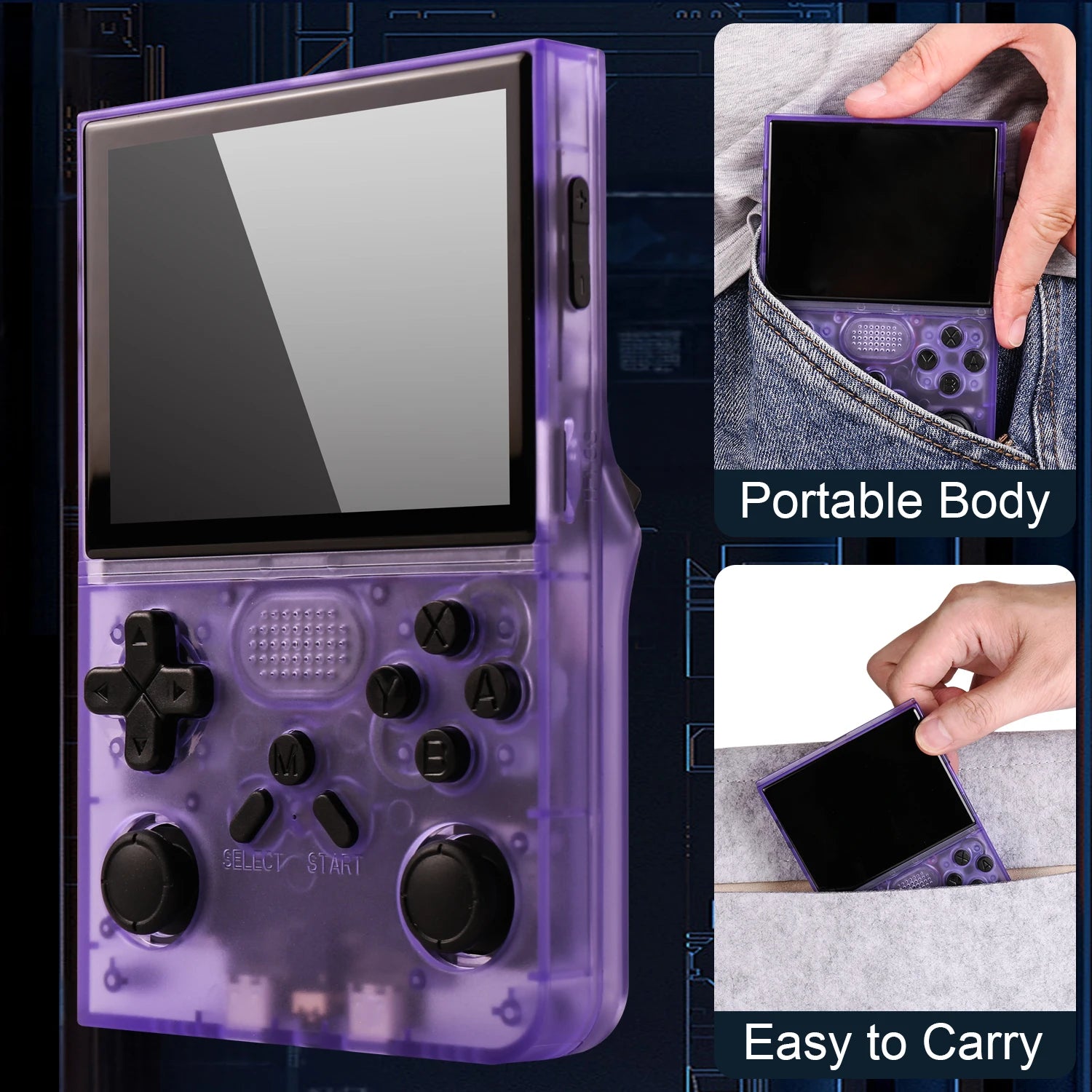 Purple handheld gaming console with text highlighting its portability and ease of carrying.