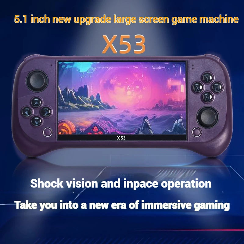 Purple game machine with a large screen displaying a colorful game scene on a blue background.