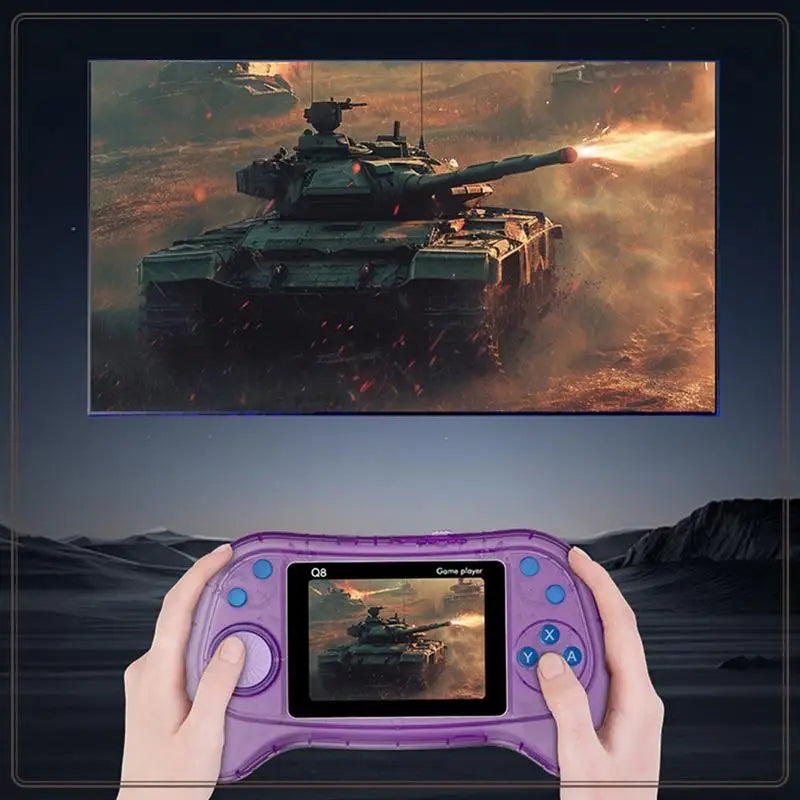Handheld gaming console with screen displaying tank game, with a large screen in the background showing a similar tank scene.