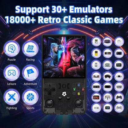 Handheld gaming console with 18000+ retro classic games and multiple game categories on a dark background.