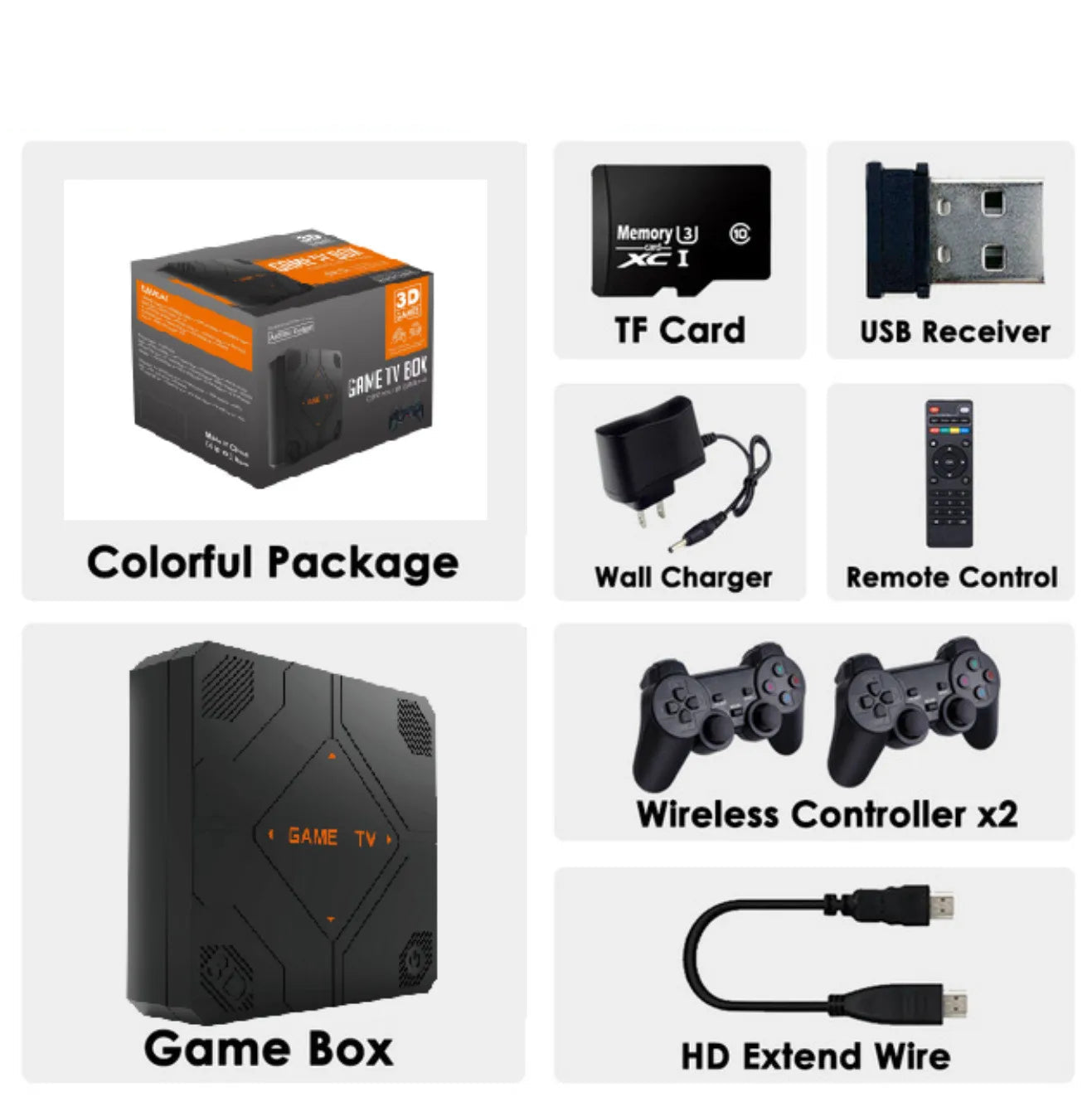 Collection of gaming accessories including a game box, TF card, USB receiver, wall charger, remote control, wireless controllers, and HD extend wire on a white background.