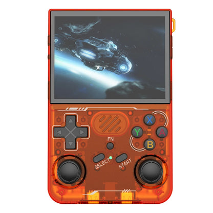 Handheld gaming console with transparent orange casing displaying a space-themed game on screen.