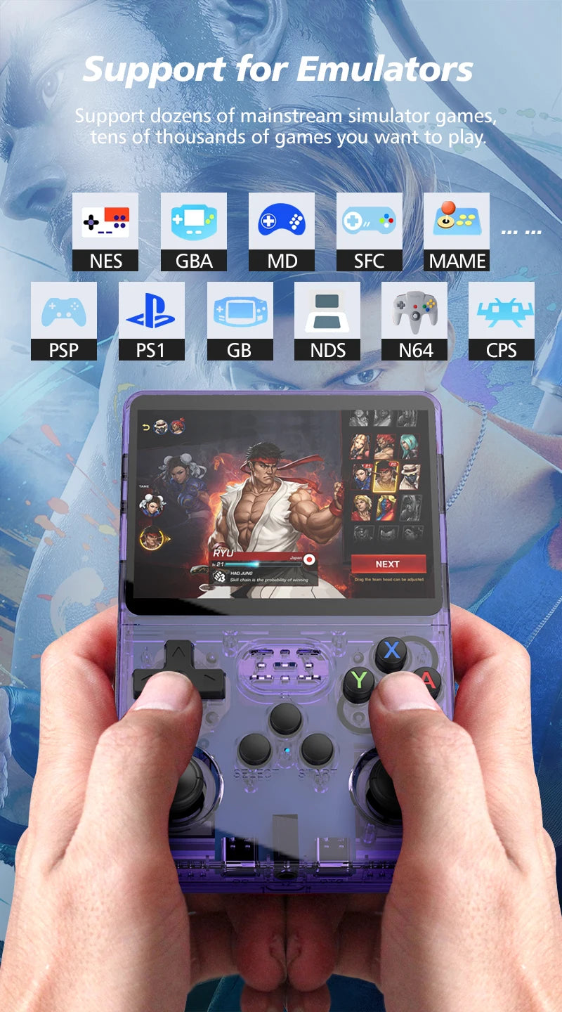 Hand holding a handheld gaming console with emulator support displayed on screen