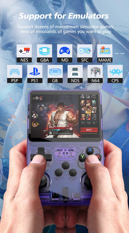 Hand holding a handheld gaming console with emulator support displayed on screen