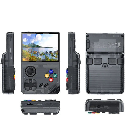 Black handheld gaming console with multiple views on a white background
