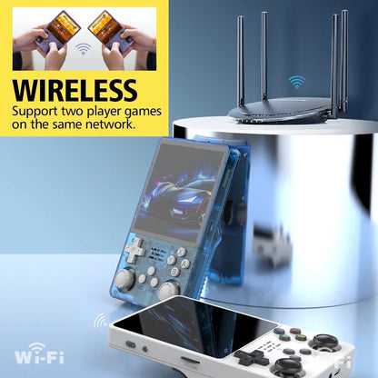 Handheld gaming console with router and wireless text overlay on a blue background