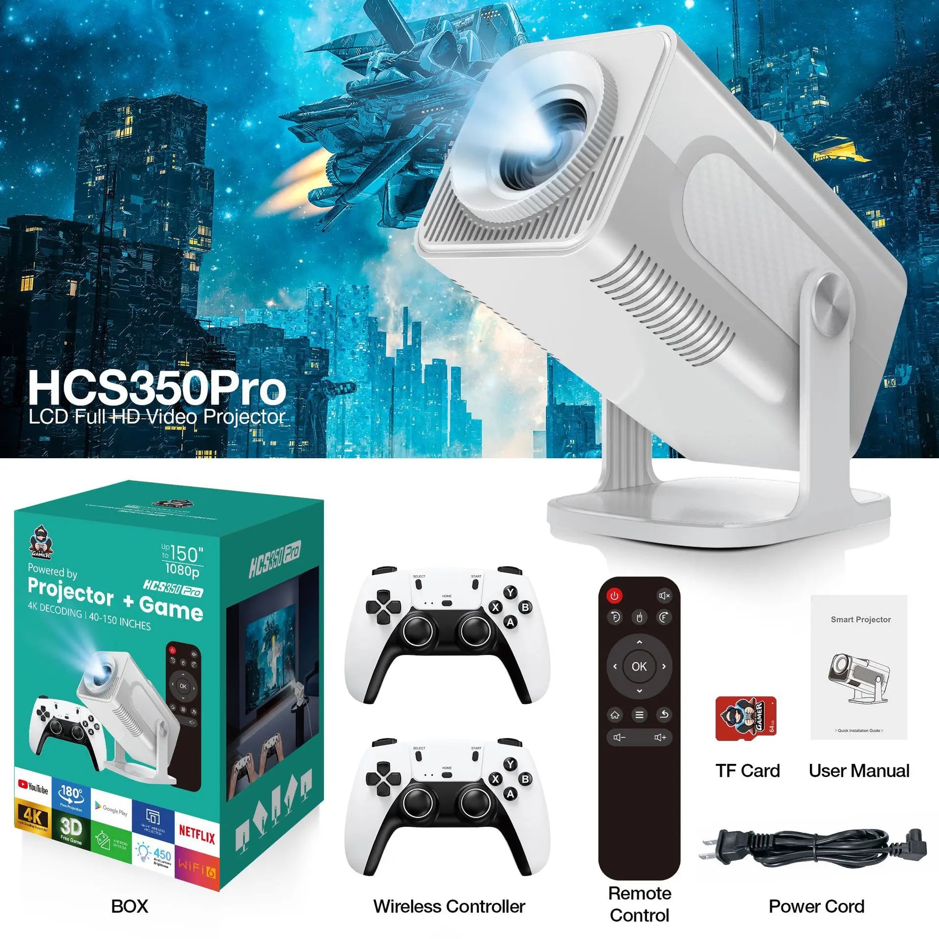 HCS350Pro video projector with packaging, controllers, remote control, and accessories on a cityscape background.