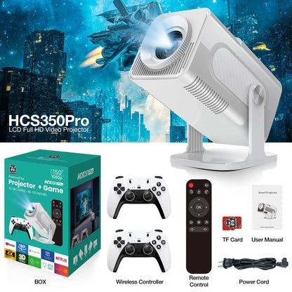 HCS350Pro video projector with packaging, controllers, remote control, and accessories on a cityscape background.