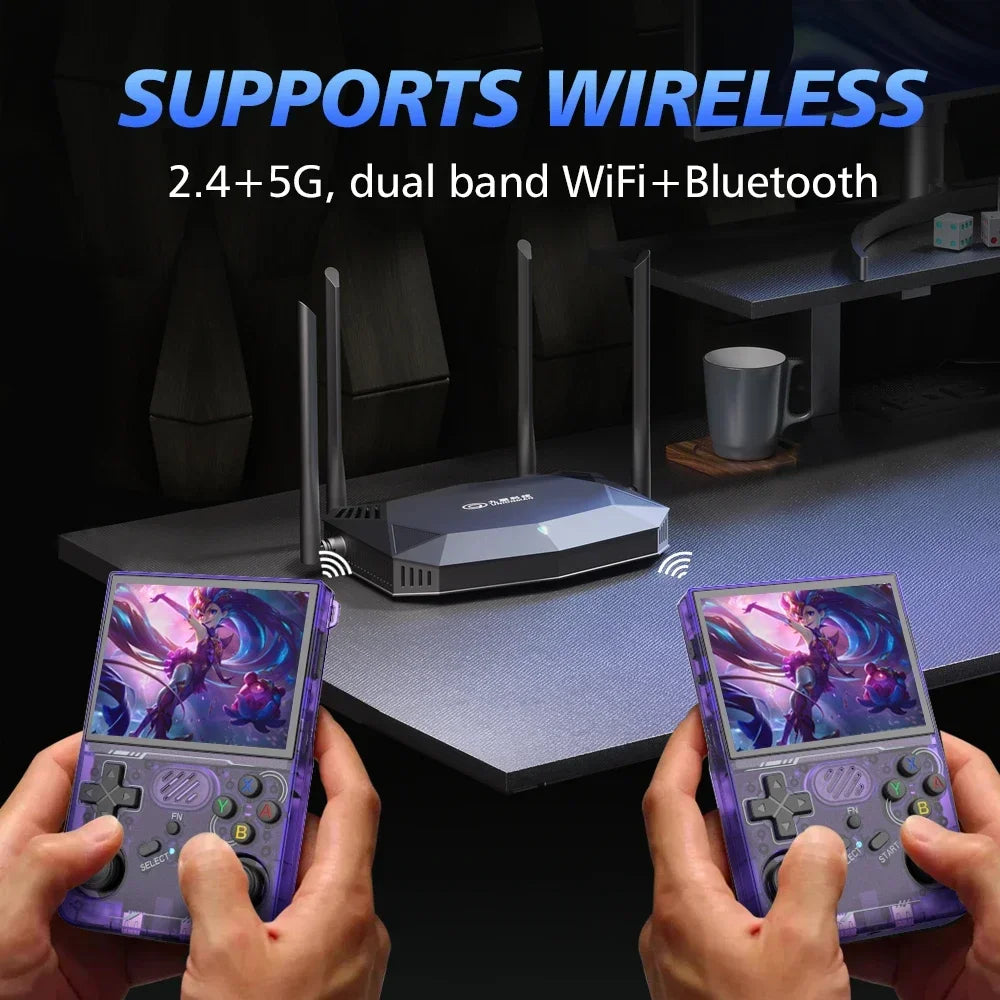 Two hands holding wireless gaming devices with a router and coffee cup in the background.