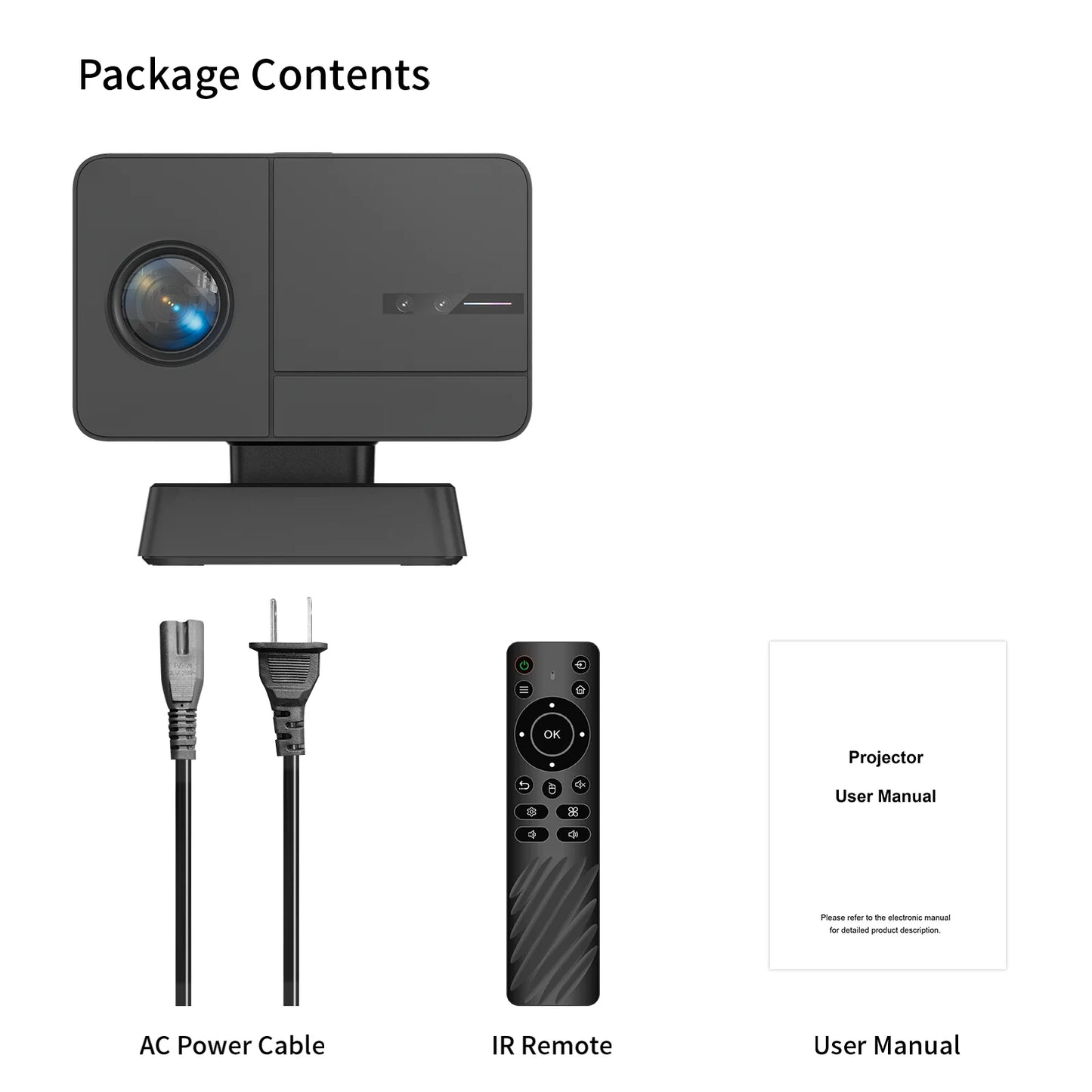 Package contents including a projector, AC power cable, IR remote, and user manual on a white background.